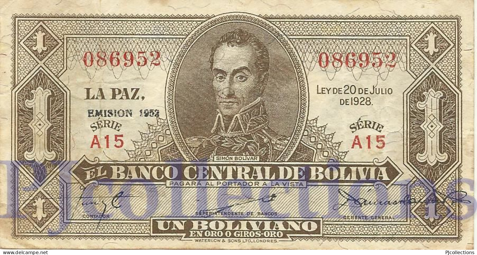 BOLIVIA 1 BOLIVANO 1952 PICK 128c VF - Bolivië