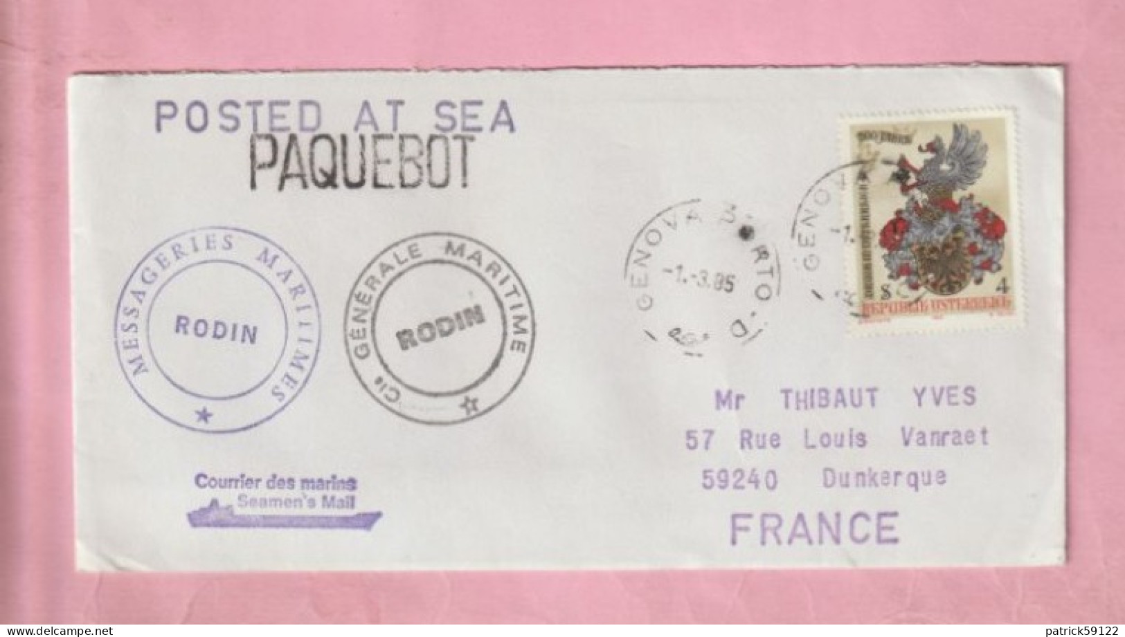 ENVELOPPE POSTED AT SEA / COURRIER DES MARINS  - C G M / MESSAGERIES MARITIMES /  RODIN - GENOVA 1985 - Maschinenstempel (EMA)