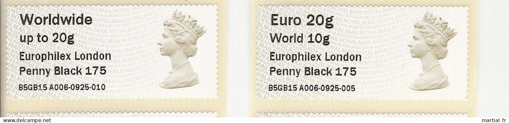 2 Post & Go GRANDE BRETAGNE Atm Frama MACHIN Label Europhilex London 2015 Penny Black 175 EUROPE MONDE LISA MA13 - Post & Go Stamps