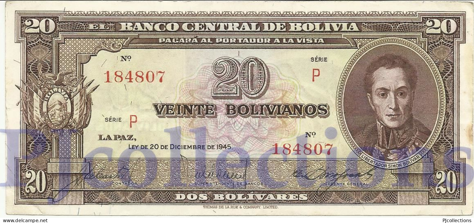 BOLIVIA 20 BOLIVANOS 1945 PICK 140a XF - Bolivia