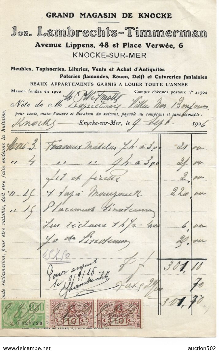 Facture 1926 Lambrechts - Timmerman Knocke-sur-Mer Grand Magasin Meubles Etc... - Petits Métiers