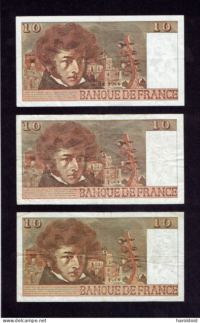 3 BILLETS 10F BERLIOZ - A.3-10-1974.A. - B.3-3-1977.B. - B.6-7-1978.B. - 10 F 1972-1978 ''Berlioz''