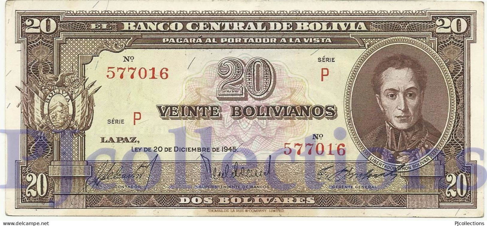 BOLIVIA 20 BOLIVANOS 1945 PICK 140 AU+ - Bolivie