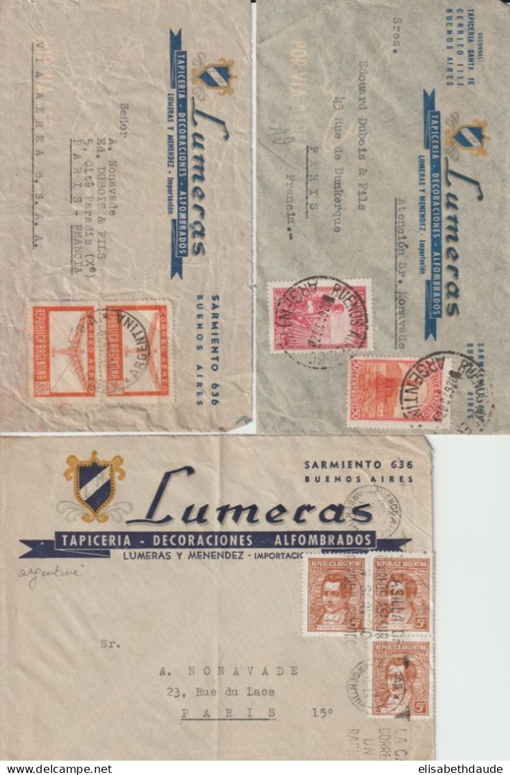 ARGENTINA - 1946/1949 - 3 ENV. AVION PUB ILLUSTREES DIFFERENTES "TAPISSERIES LUMERAS" De BUENOS AIRES => PARIS - Briefe U. Dokumente