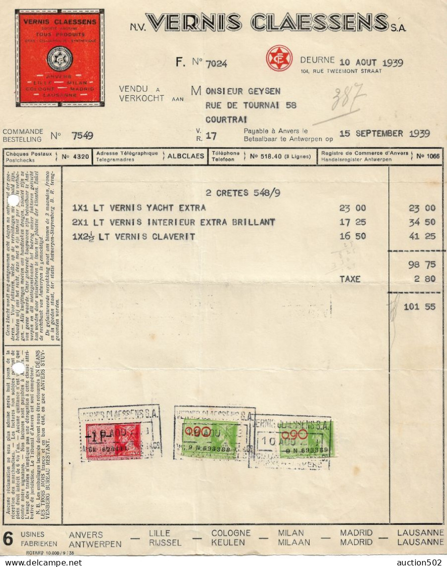 Facture 1939 Vernis Claessens Deurne + TP Fiscaux > Courtrai - Petits Métiers