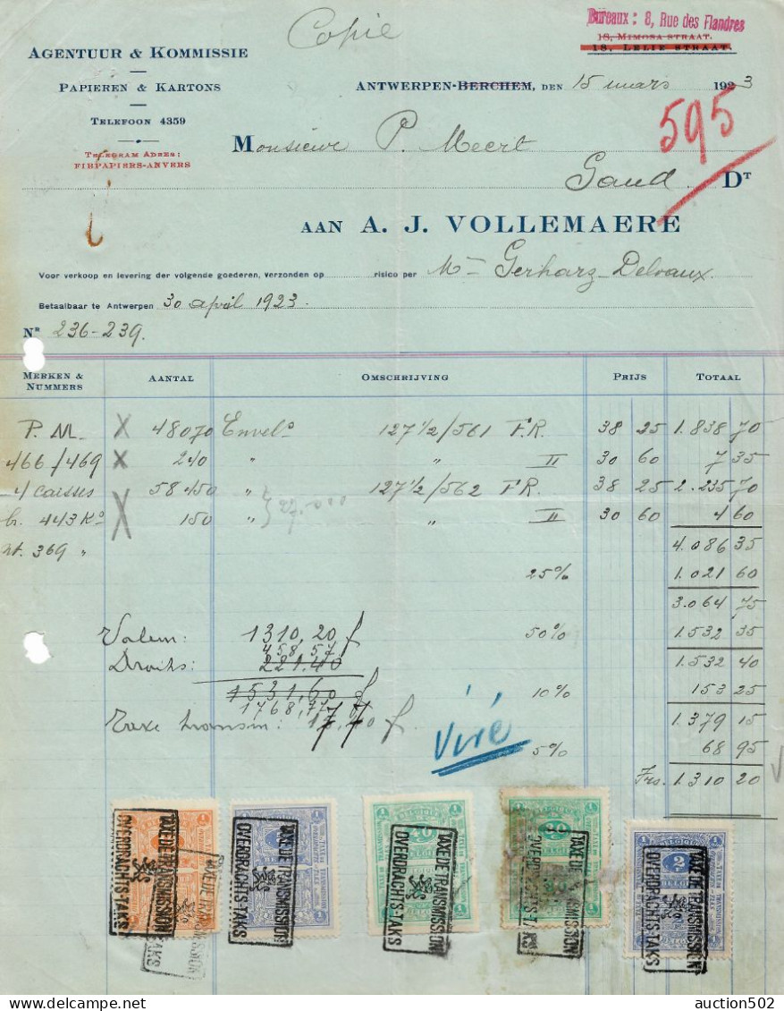 Facture 1923 A.J. Vollemaere Antwerpen Agentuur & Kommissie Papieren & Kartons > Gand + TP Fiscaux - Imprimerie & Papeterie