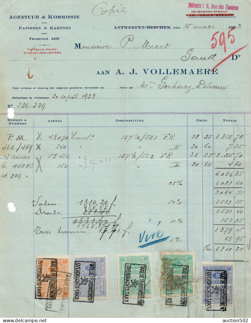 Facture 1923 A.J. Vollemaere Antwerpen Agentuur & Kommissie Papieren & Kartons > Gand + TP Fiscaux - Drukkerij & Papieren