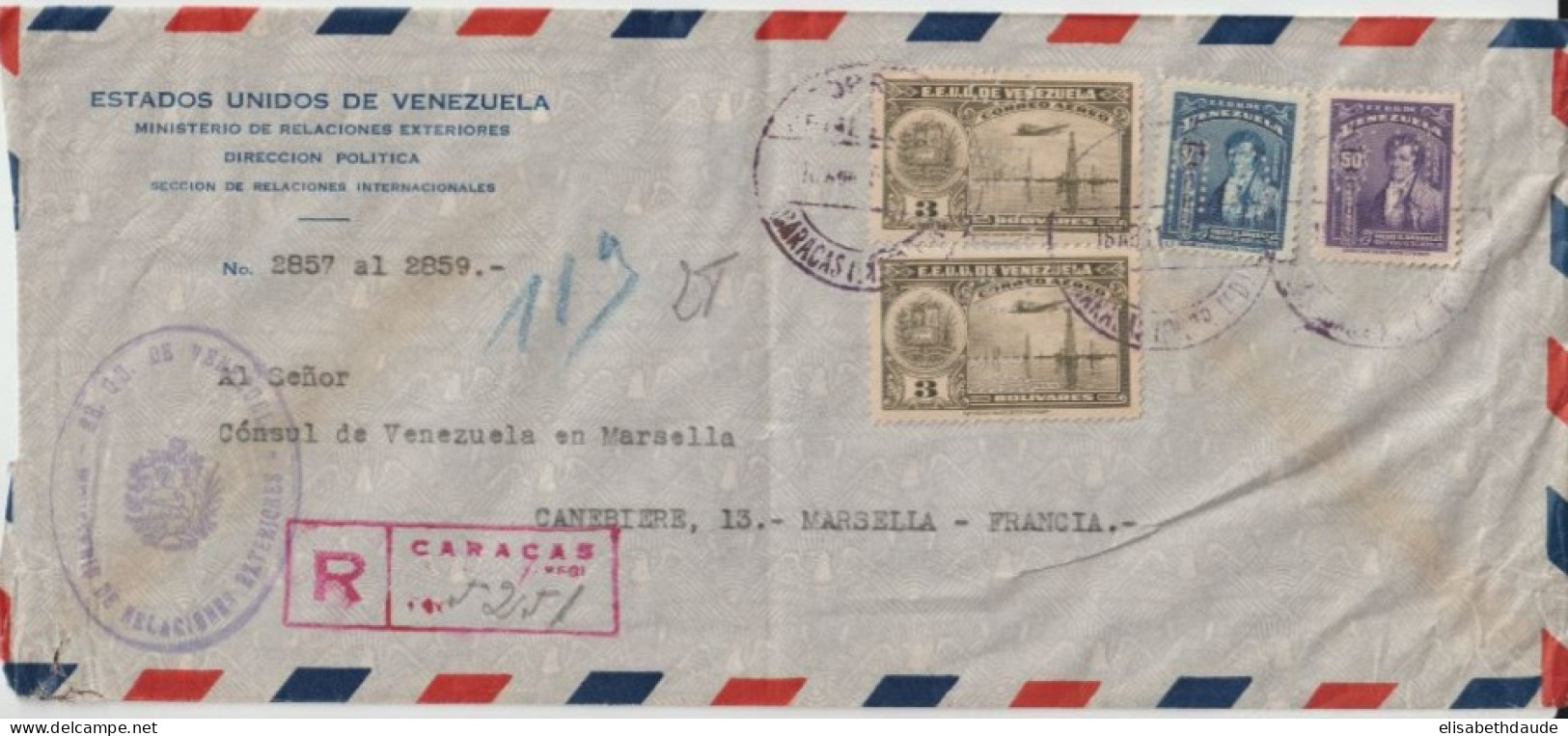 VENEZUELA - 1941 - PERFORES / PERFIN "G.N" ! TIMBRES De SERVICE Sur ENV. RECOMMANDEE De CARACAS => CONSULAT De MARSEILLE - Venezuela