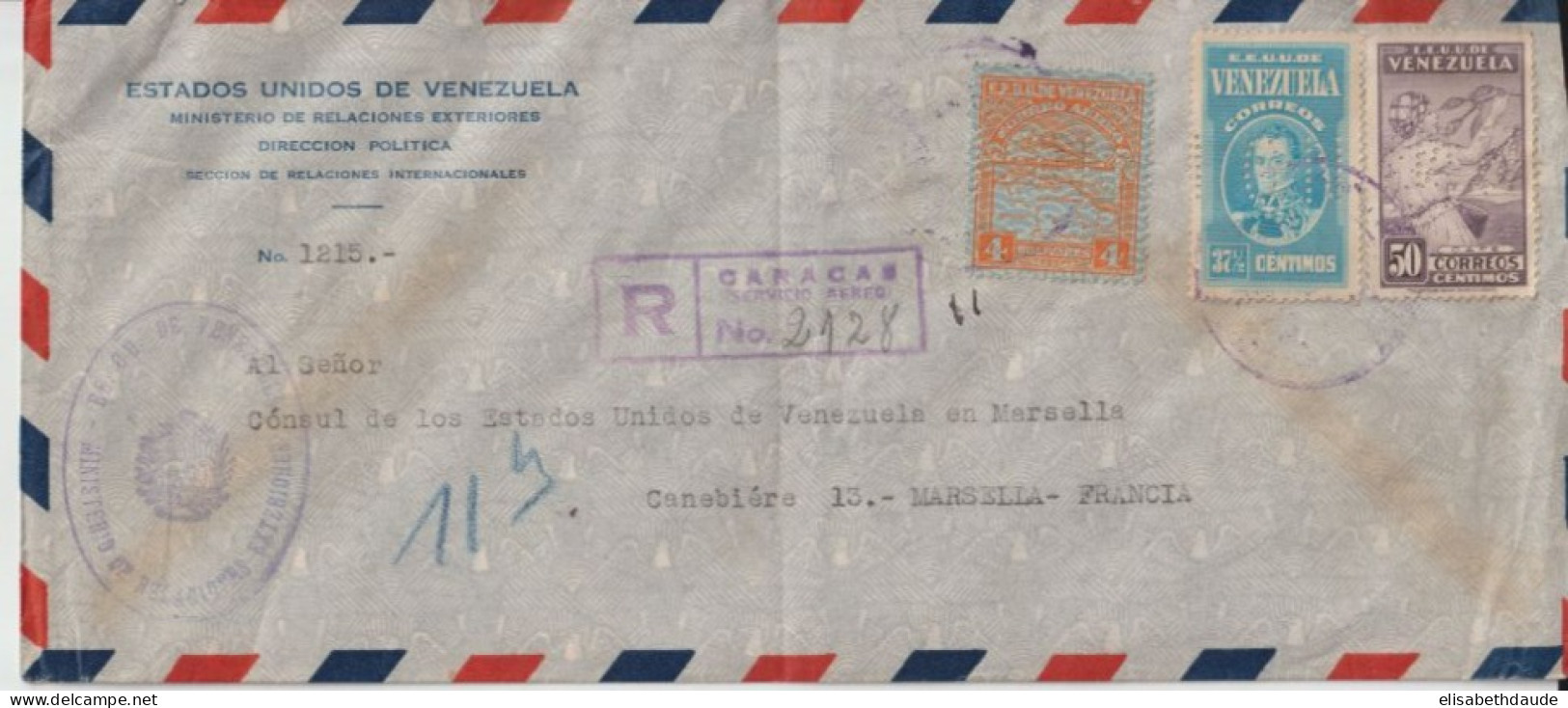 VENEZUELA - 1941 - PERFORES / PERFIN "G.N" ! TIMBRES De SERVICE Sur ENV. RECOMMANDEE De CARACAS => CONSULAT De MARSEILLE - Venezuela