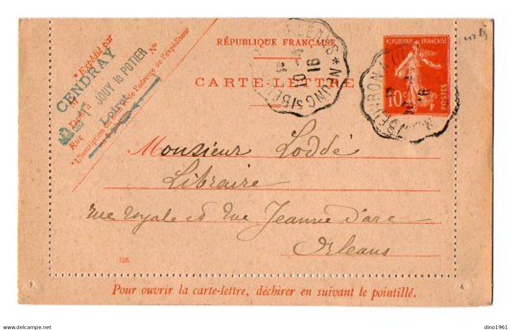 TB 4051 - 1916 - Entier Postal - Mr De BASONNIERE Château De Cendray à JOUY LE POTIER Pour Mr LODDE Libraire à ORLEANS - Kartenbriefe