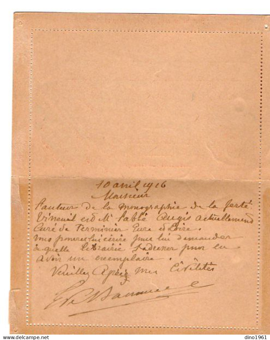 TB 4051 - 1916 - Entier Postal - Mr De BASONNIERE Château De Cendray à JOUY LE POTIER Pour Mr LODDE Libraire à ORLEANS - Cartes-lettres