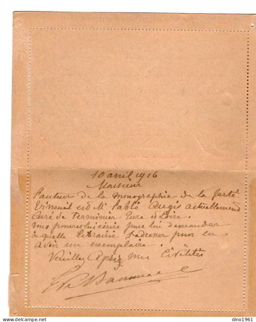 TB 4051 - 1916 - Entier Postal - Mr De BASONNIERE Château De Cendray à JOUY LE POTIER Pour Mr LODDE Libraire à ORLEANS - Letter Cards