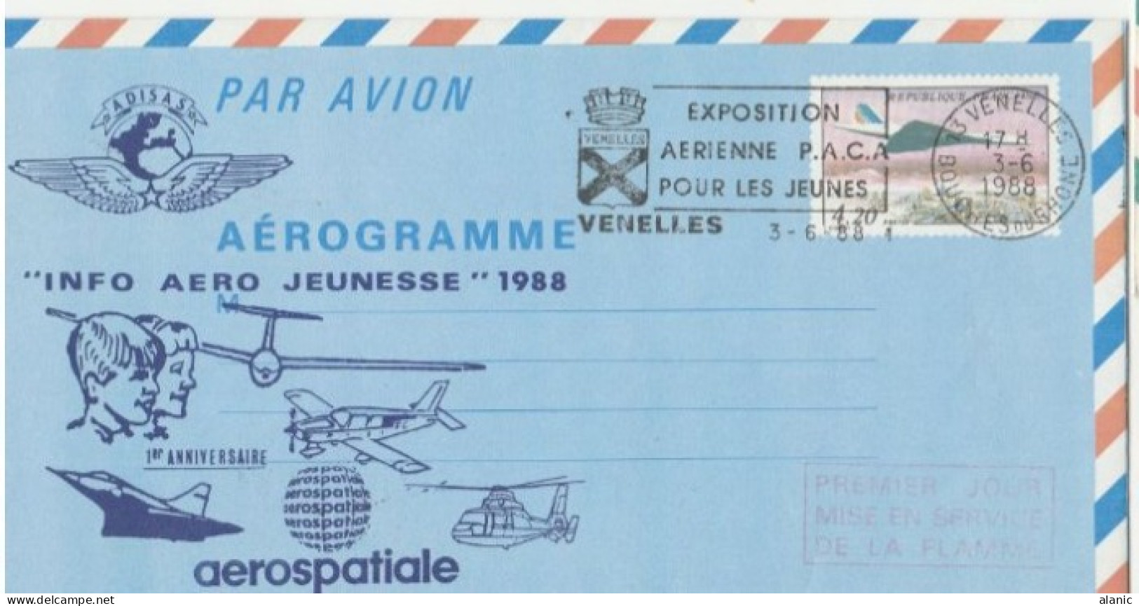 EP Aérogramme 4,20 Concorde "Info Aero Jeunesse 1988-VENELLES 3-6-1988 Repiquage 1er Anniversaire Aérospatiale -TBE- - Aerogramme