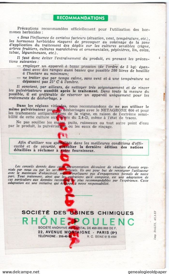 75-PARIS-LIVRET RHONE POULENC USINES CHIMIQUES-21 RUE JEAN GOUJON-DESHERBAGE CEREALES-HERBICIDE  1965 - Agricultura