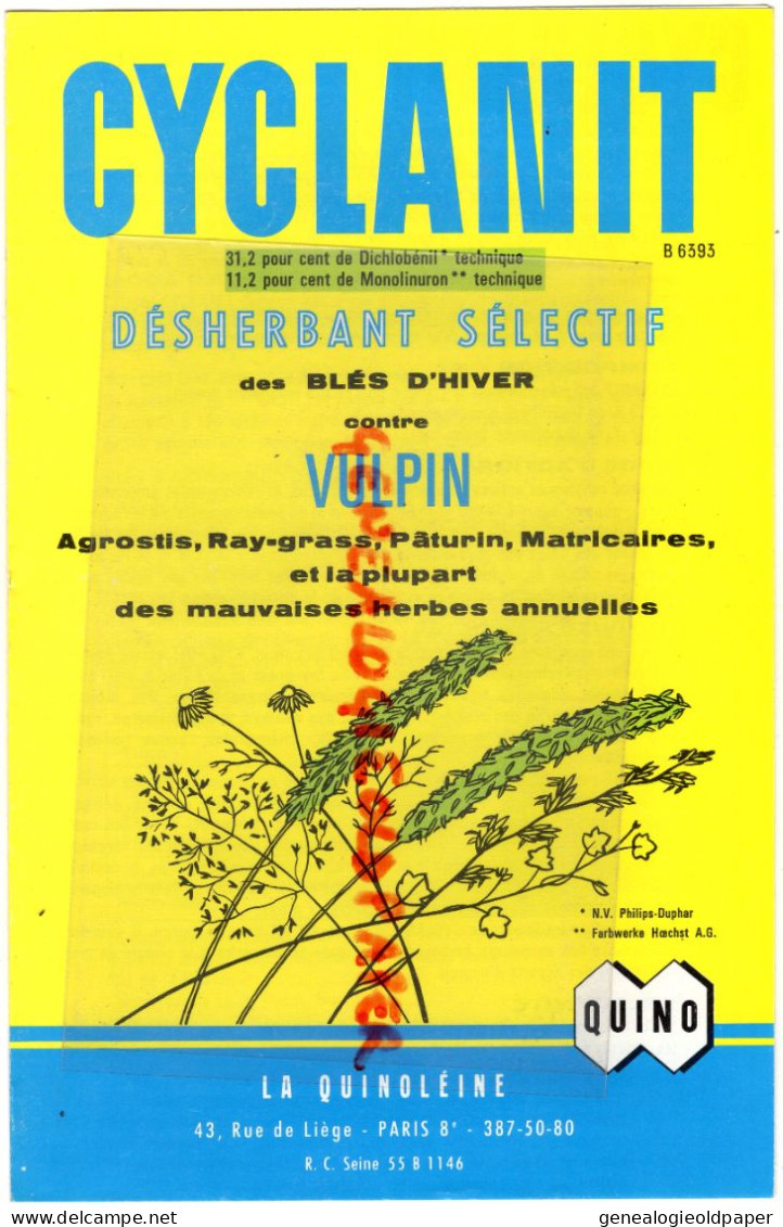 75-PARIS-PUBLICITE CYCLANIT DESHERBANT SELECTIF DES BLES D' HIVER CONTRE VULPIN-LA QUINOLEINE -QUINO-AGRICULTURE - Landwirtschaft