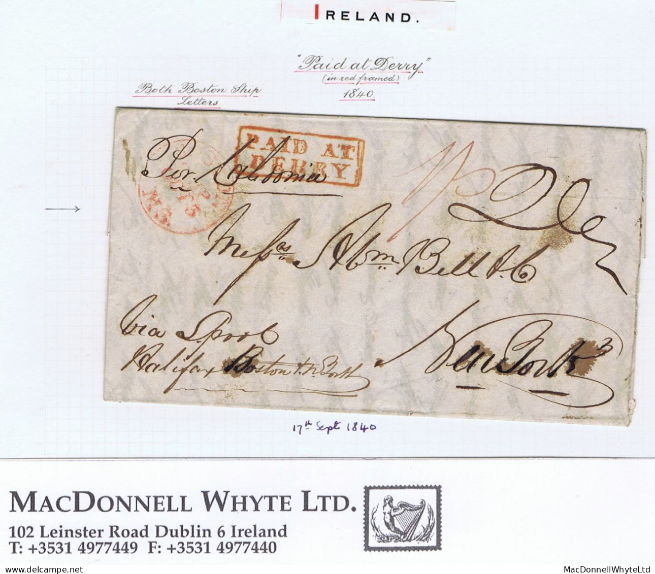 Ireland Derry TransatlanticUS 1840 Letter Londonderry To New York Paid "1/-" With Boxed PAID AT/DERRY In Red BOSTON/SHIP - Vorphilatelie