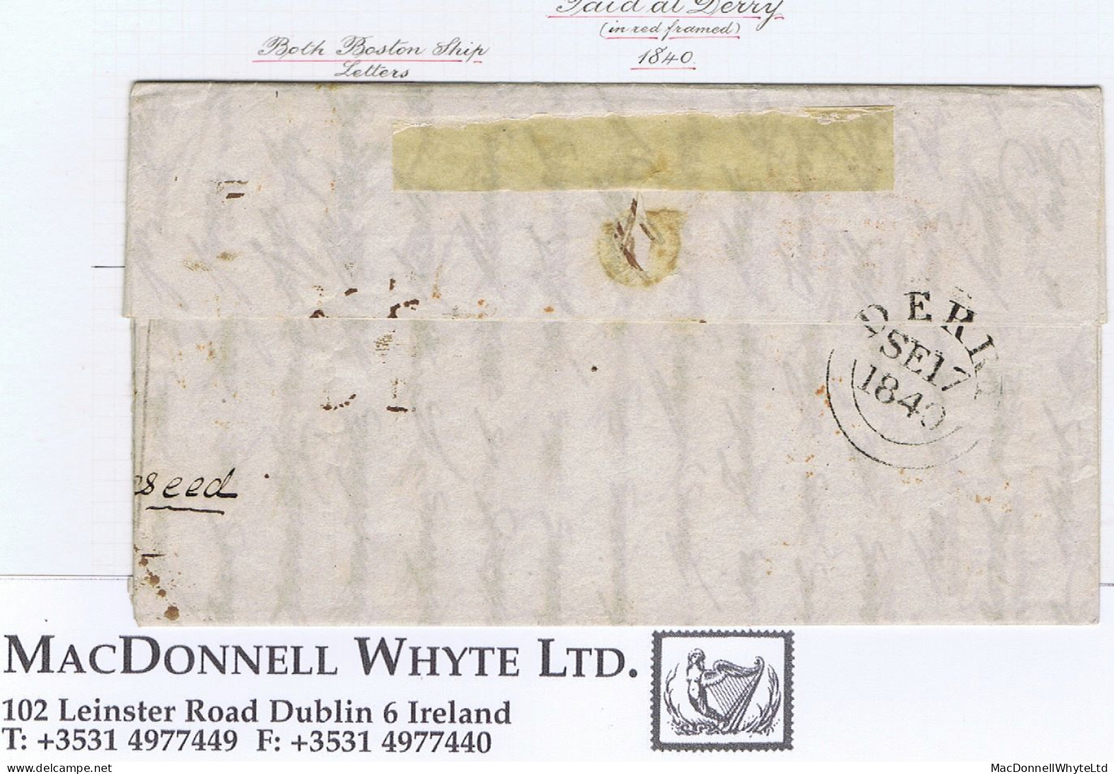 Ireland Derry TransatlanticUS 1840 Letter Londonderry To New York Paid "1/-" With Boxed PAID AT/DERRY In Red BOSTON/SHIP - Prefilatelia