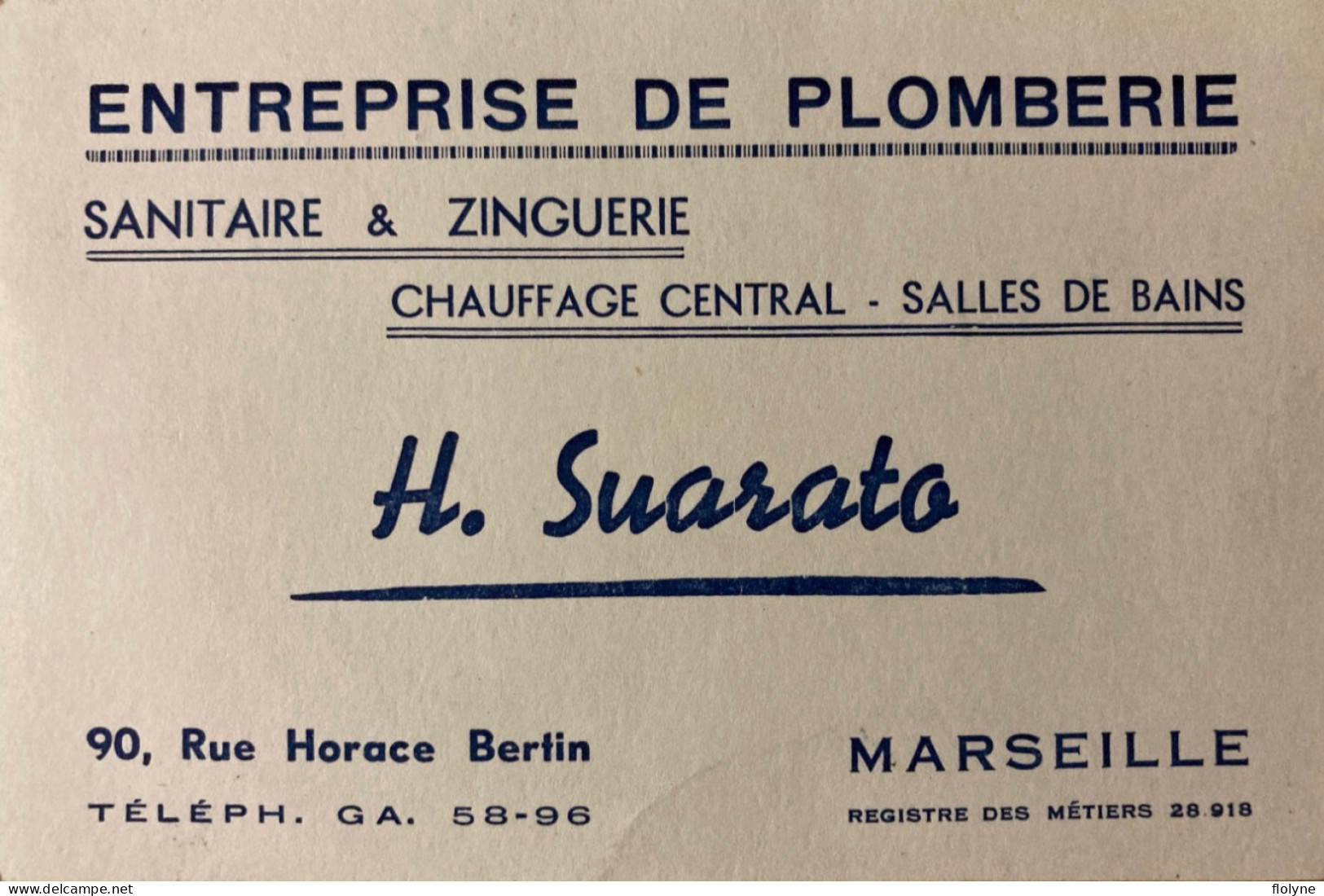 Marseille - Entreprise De Plomberie H. SUARATO - Carte De Visite - 90 Rue Horace Bertin - Pub Public - Canebière, Centro