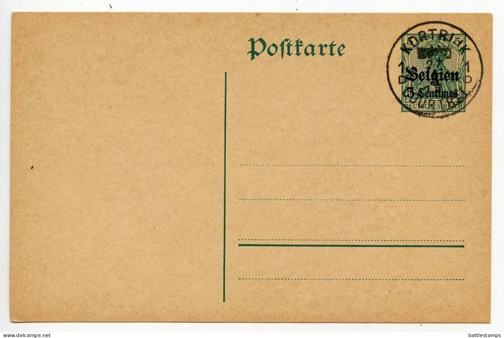 Belgium, German Occupation 1915 Overprinted 5pf. Germania Postal Card; Kortrijk / Courtrai Postmark - Deutsche Besatzung