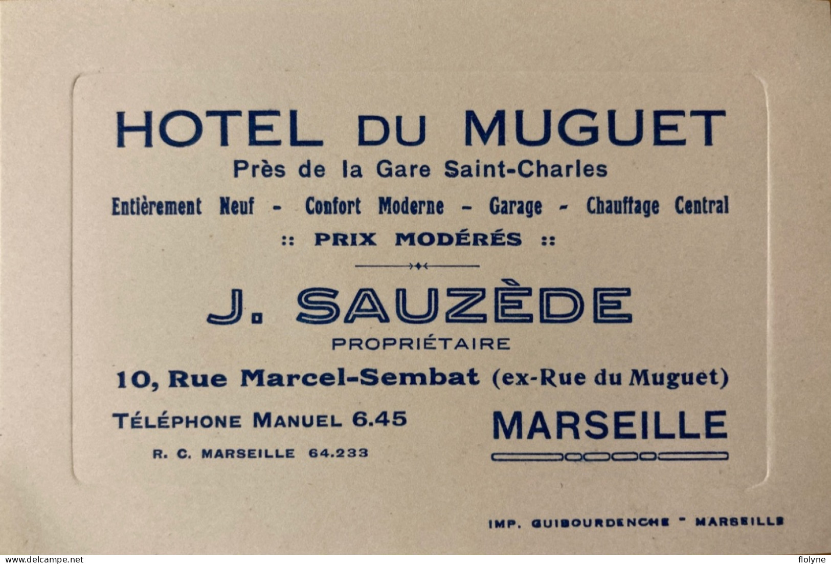 Marseille - HÔTEL DU MUGUET , J. SAUZÈDE Propriétaire - Carte De Visite - 10 Rue Marcel Sembat - Pub Publicité - Canebière, Centro