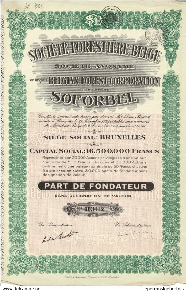 Titre De 1927 - Société Forestière Belge - Belgian Forest Corporation "Soforbel" - - Landbouw
