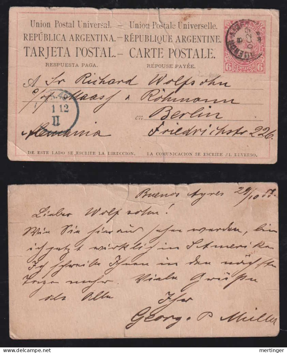 Argentina 1888 Stationery Answer Postcard 6c BUENOS AIRES To BERLIN Germany - Cartas & Documentos