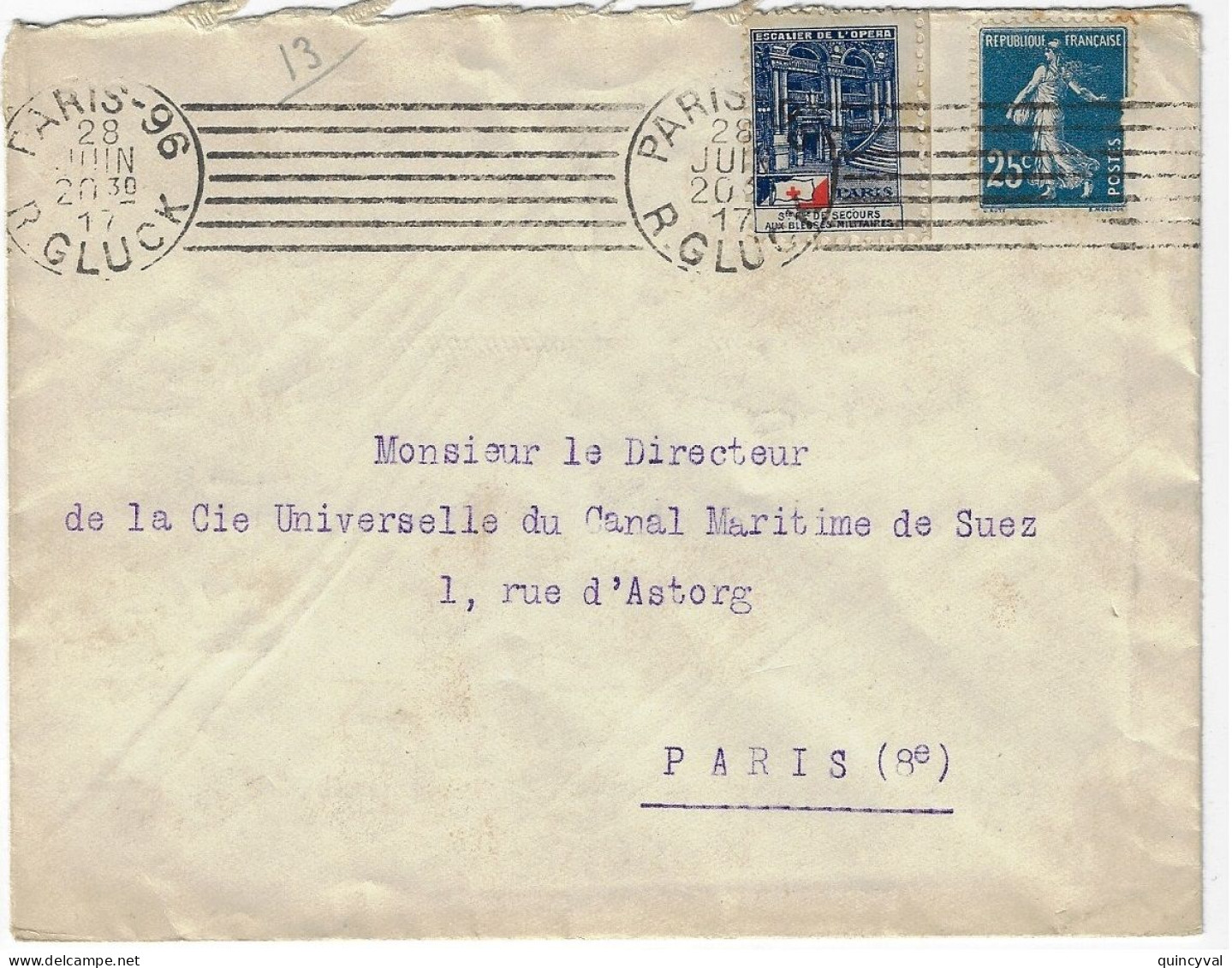 PARIS-96 R Gluck Lettre 25c Semeuse Yv 140 Ob Meca Krag 7 Lignes Inégales 1917 Etiquette Opéra Aide Secours - Lettres & Documents