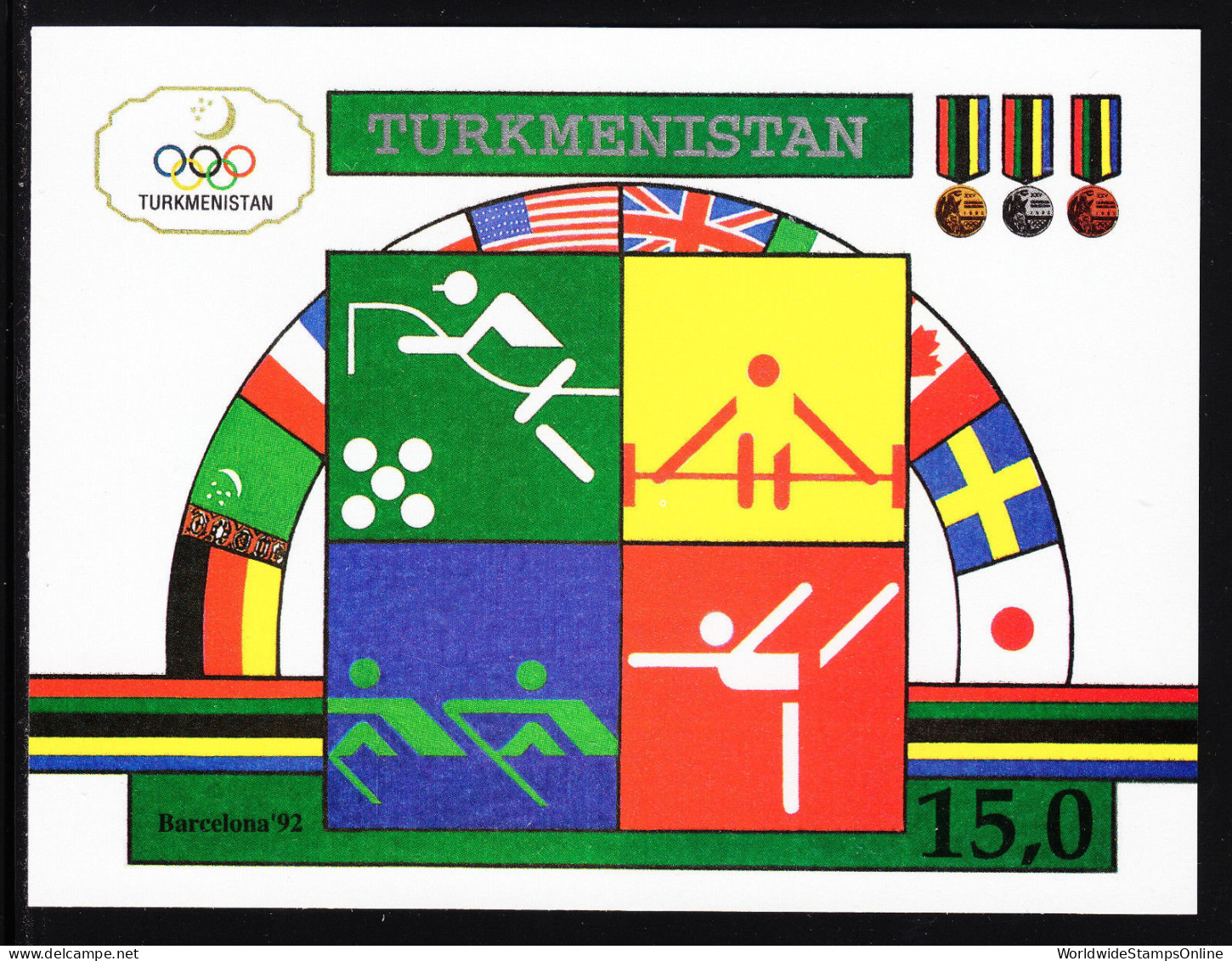 TURKMENISTAN — SCOTT 23 — 1992 15R OLYMPICS SHEET — MNH — SCV $11.00 - Turkmenistán