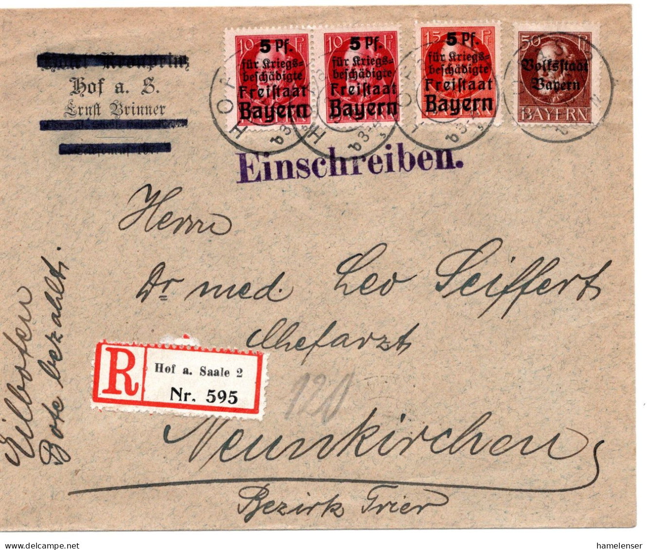 64530 - Altdeutschland / Bayern - 1919 - 15Pfg Kriegsbeschaedigte MiF A R-EilBf HOF -> NEUNKIRCHEN - Covers & Documents