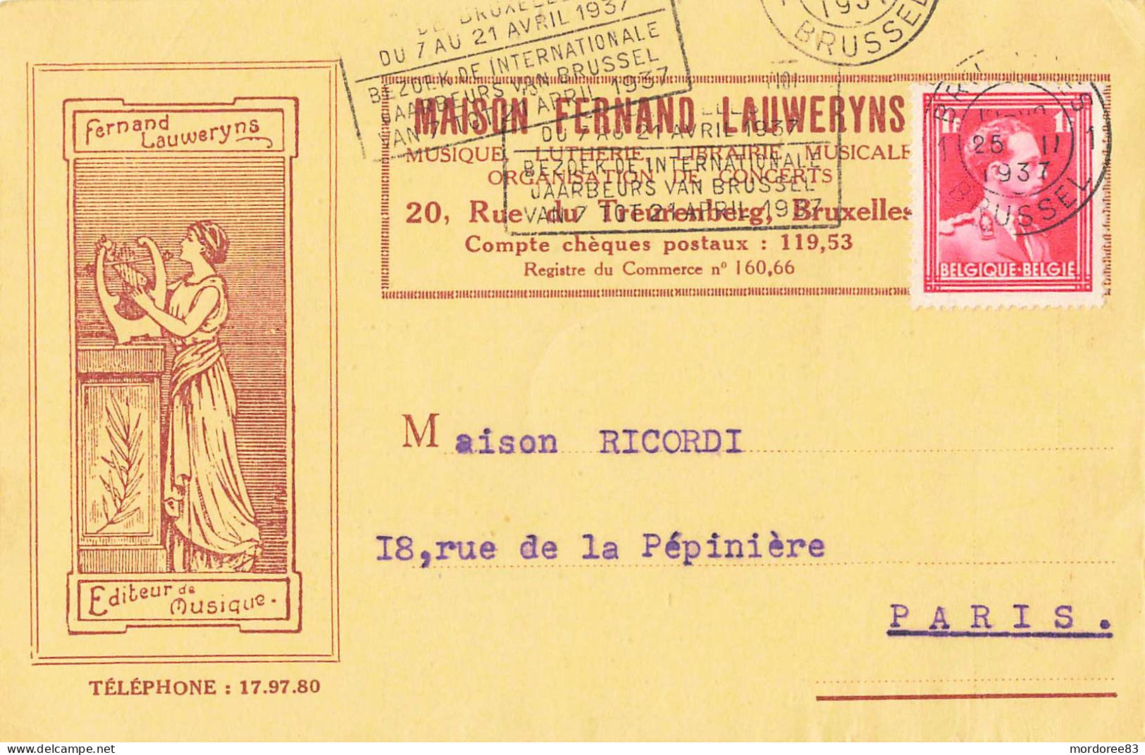 LETTRE ET SIGNATURE FERNAND LAUWERYNS 1937 EDITEUR DE MUSIQUE BRUXELLES - Autógrafos