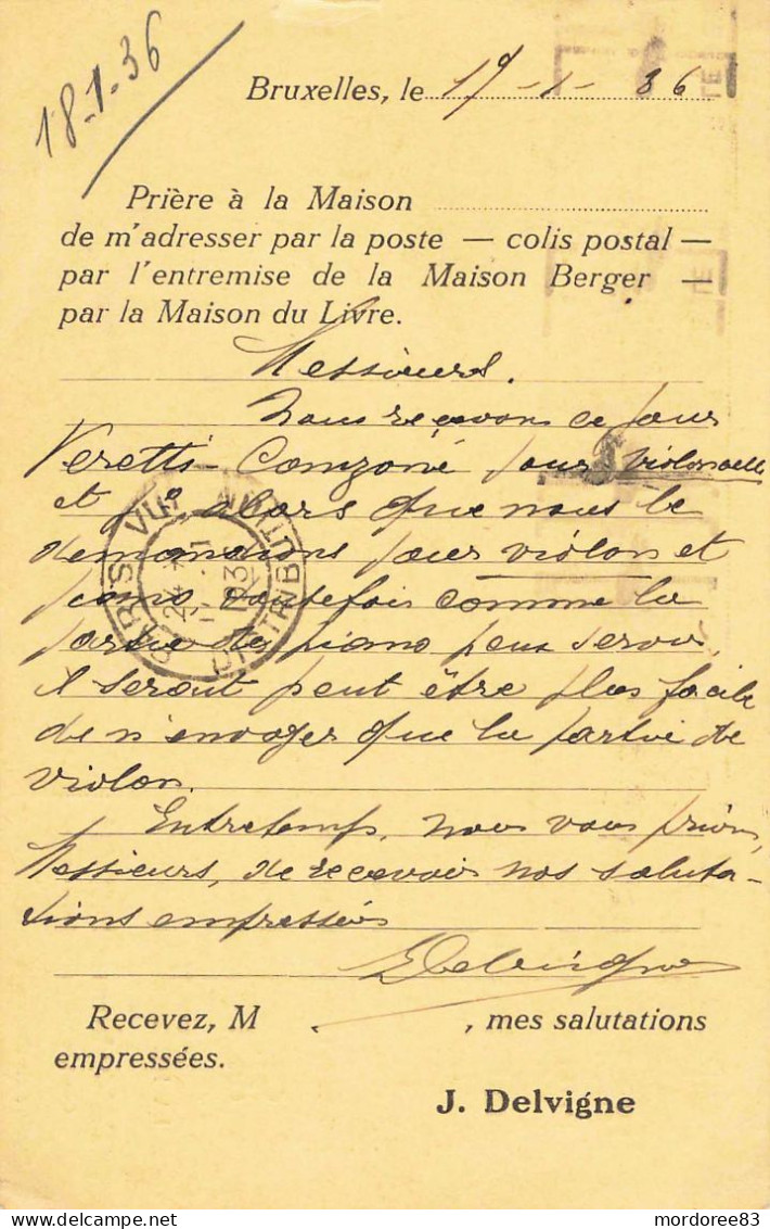 LETTRE ET SIGNATURE JEAN DELVIGNE 1936 EDITEUR DE MUSIQUE BRUXELLES - Autographes