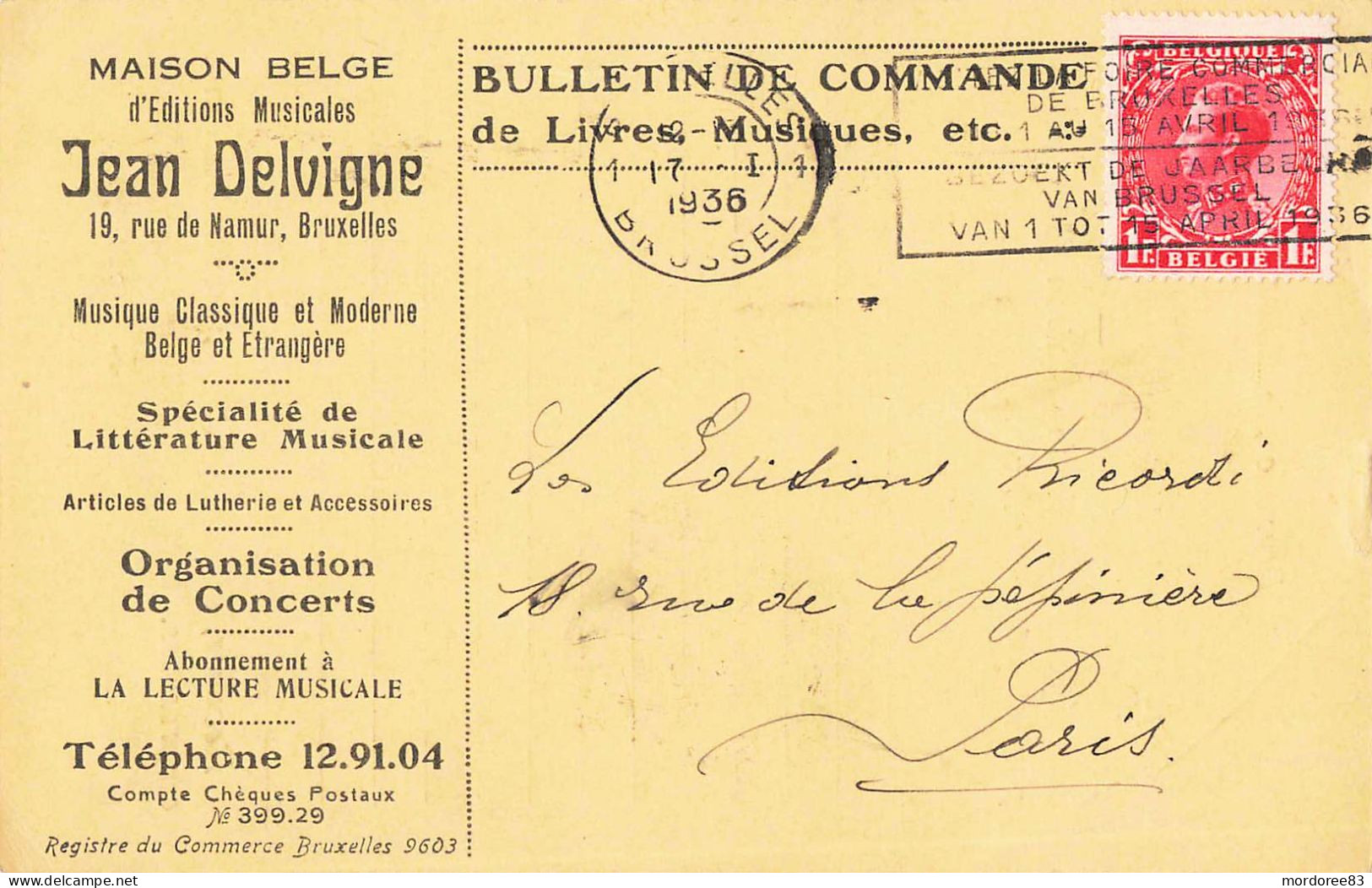 LETTRE ET SIGNATURE JEAN DELVIGNE 1936 EDITEUR DE MUSIQUE BRUXELLES - Autographs