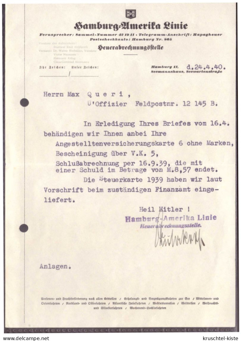 Dt- Reich (020365) Brief Vorgedruckter Briefkopf Reederei Hamburg- Amerika Linie, An FPNR 12145B - Schiffe