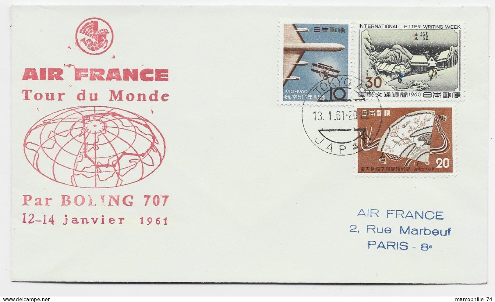 JAPAN LETTRE COVER AIR MAIL AIR FRANCE TOUR DU MONDE BOEING 707 TOKYO 13.1.1961 TO PARIS - Lettres & Documents