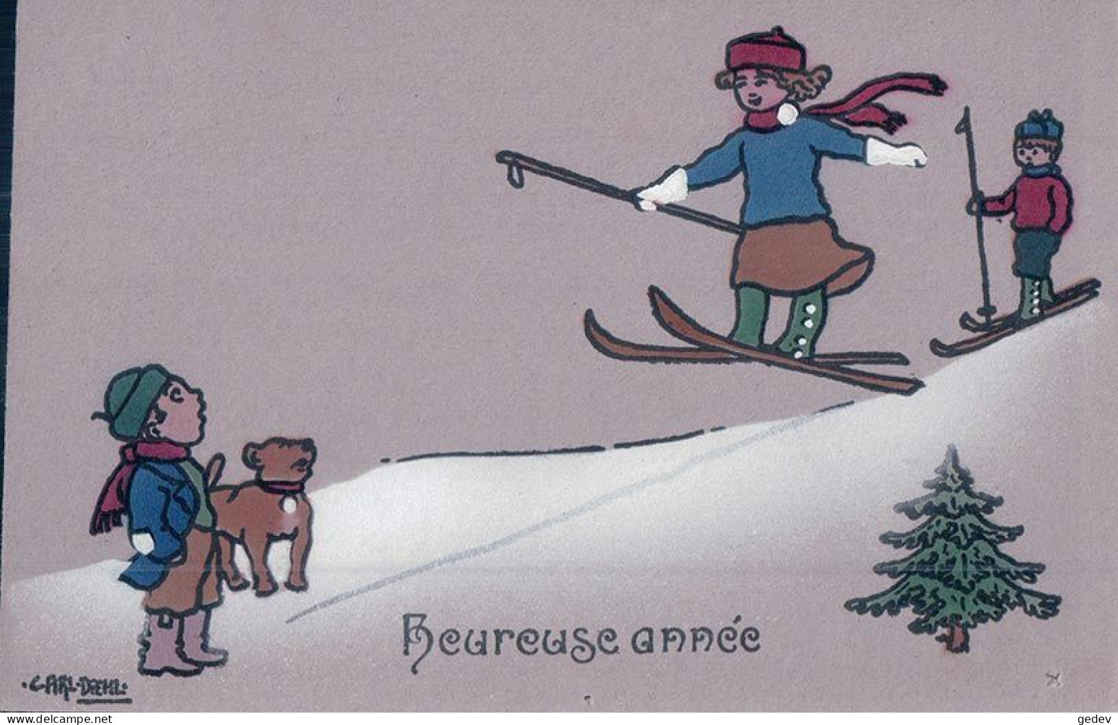 Carl Diehl Illustrateur, Partie De Ski, Enfants Et Chien, Litho (31.12.1916) - Diehl, Carl
