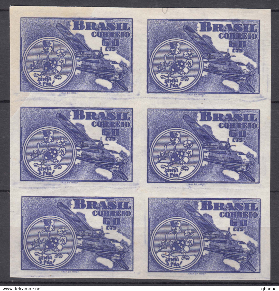 Brazil Brasil 1949 Mi#744 Mint Hinged Piece Of 6, Error On Gum Side - Ungebraucht