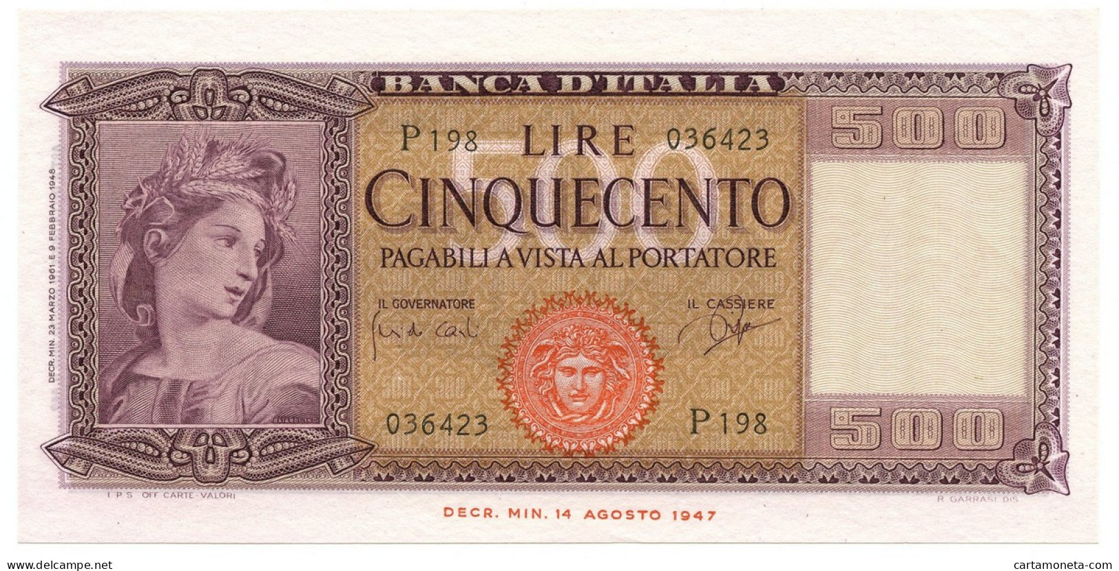 500 LIRE ITALIA ORNATA DI SPIGHE MEDUSA 23/03/1961 QFDS - Altri & Non Classificati