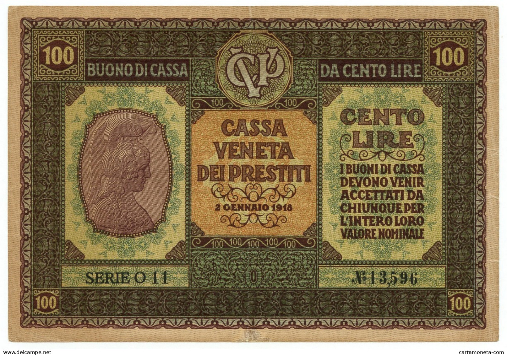 100 LIRE CASSA VENETA DEI PRESTITI OCCUPAZIONE AUSTRIACA 02/01/1918 BB+ - Austrian Occupation Of Venezia