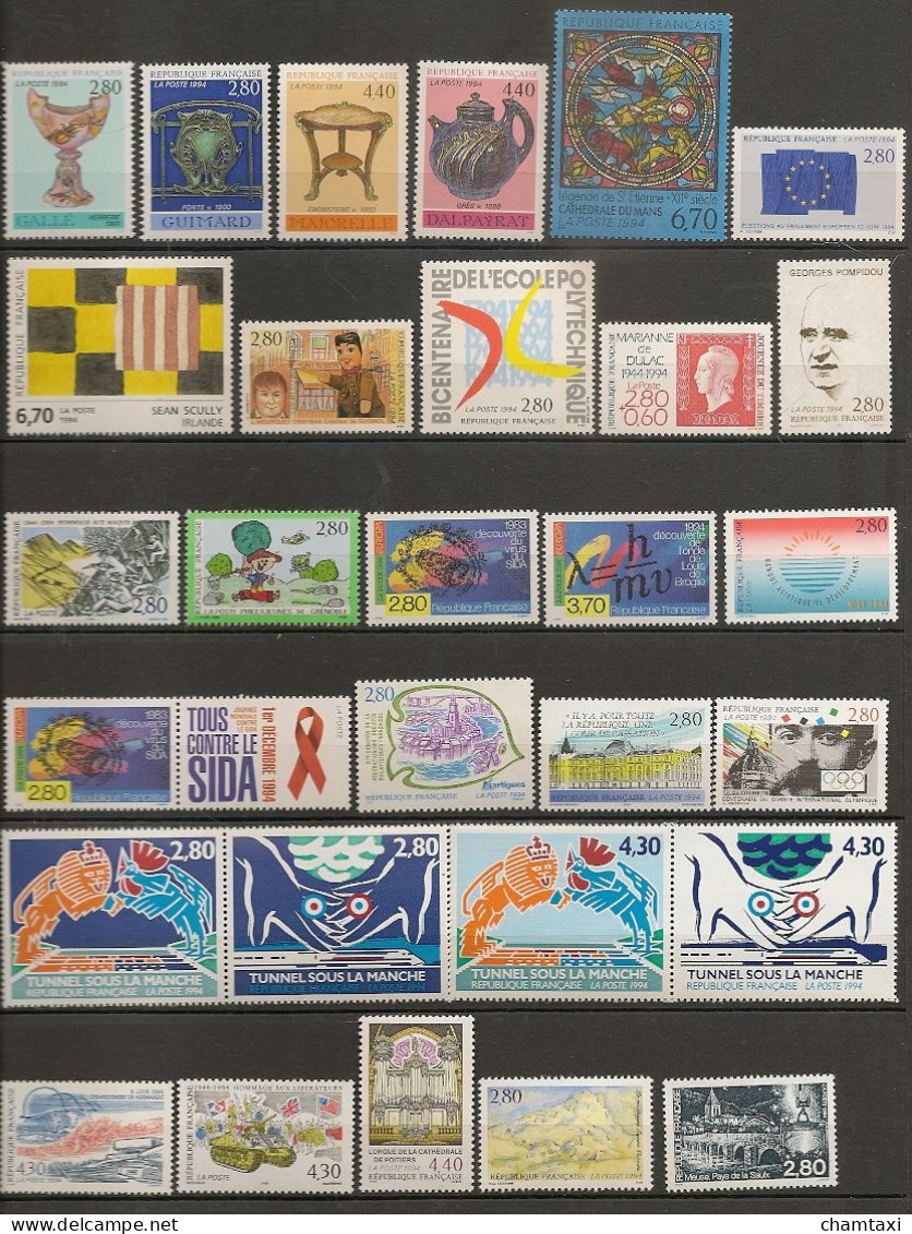 FRANCE 1994 ANNEE COMPLETE 50 TIMBRES EMIS EN FEUILLE +BF16+3 CARNETS 2865, 2903,2043 - 1990-1999