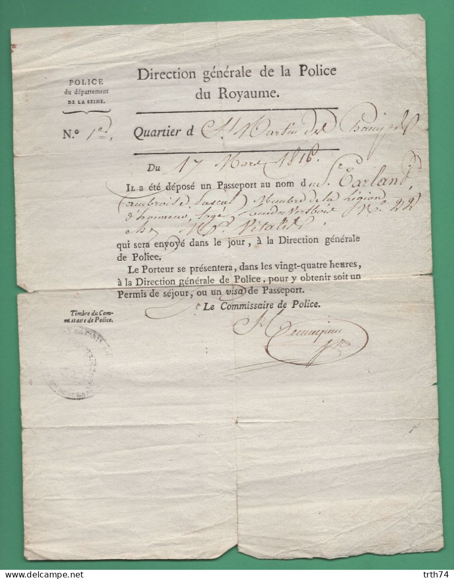 Direction Générale De La Police Du Royaume Département De La Seine Sujet Passeport 17 Mars 1816 - Police & Gendarmerie