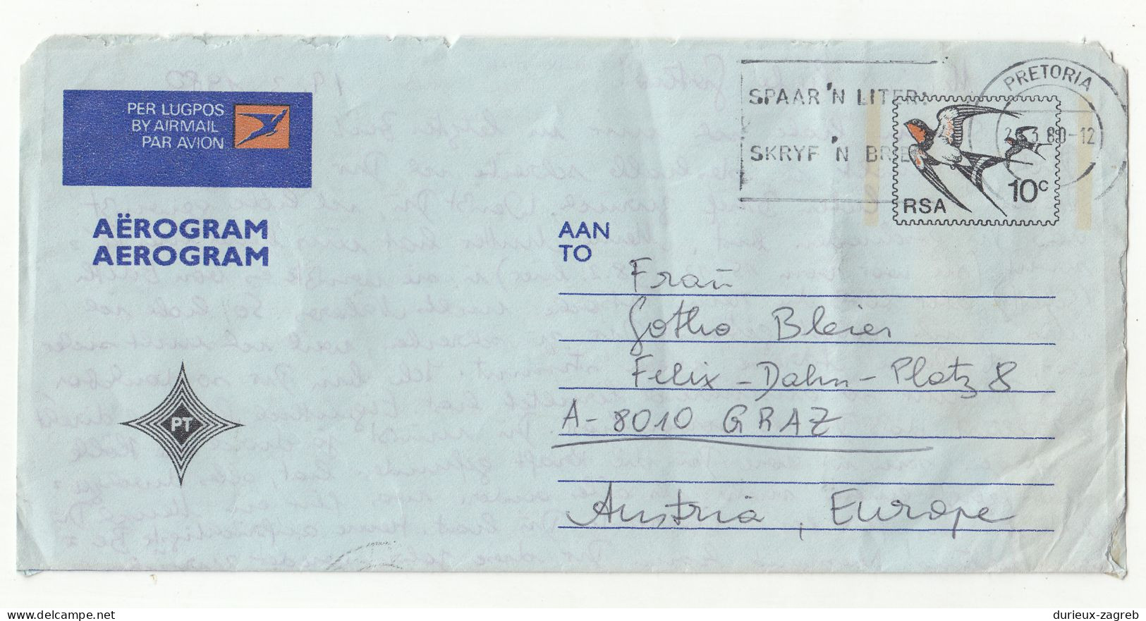 South Africa Aerogram Posted 1980 Pretoria Pmk B230301 - Covers & Documents