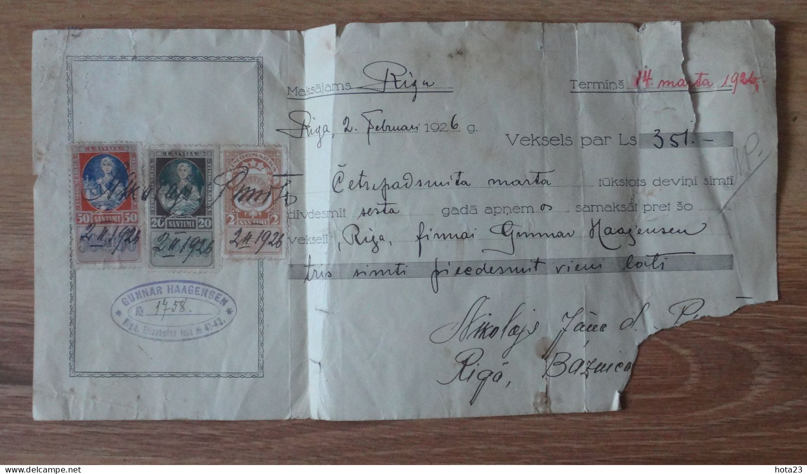 (!) 1926 Year Document Latvia , Lettonia , Lettland Promissory Note + 3 Revenue Money Stamps 2;20 ; 50 Santims - Letland