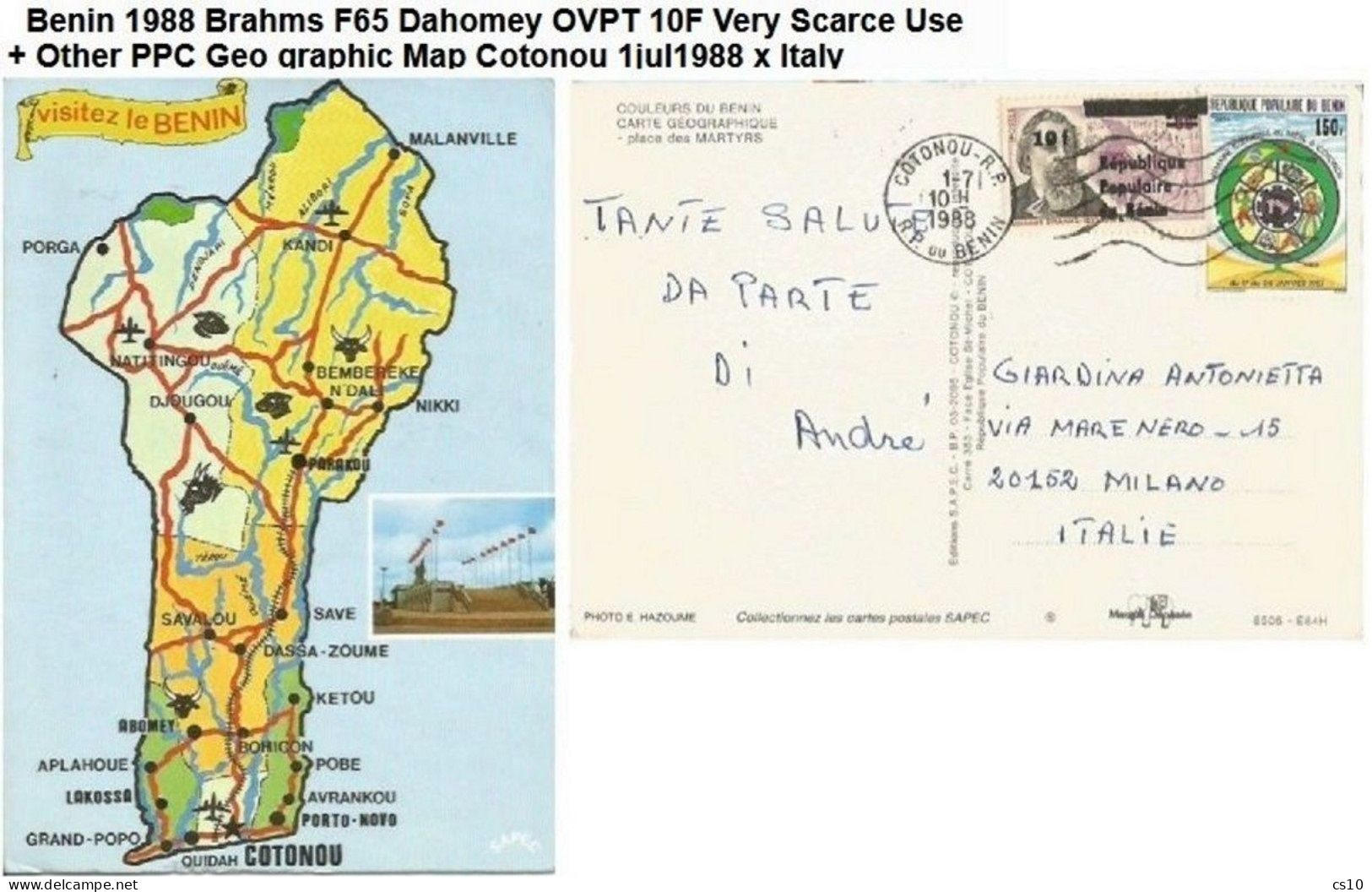 Benin 1988 Brahms F65 Dahomey OVPT 10F Very Scarce Use + Other PPC Geo Graphic Map Cotonou 1jul1988 X Italy - Benin