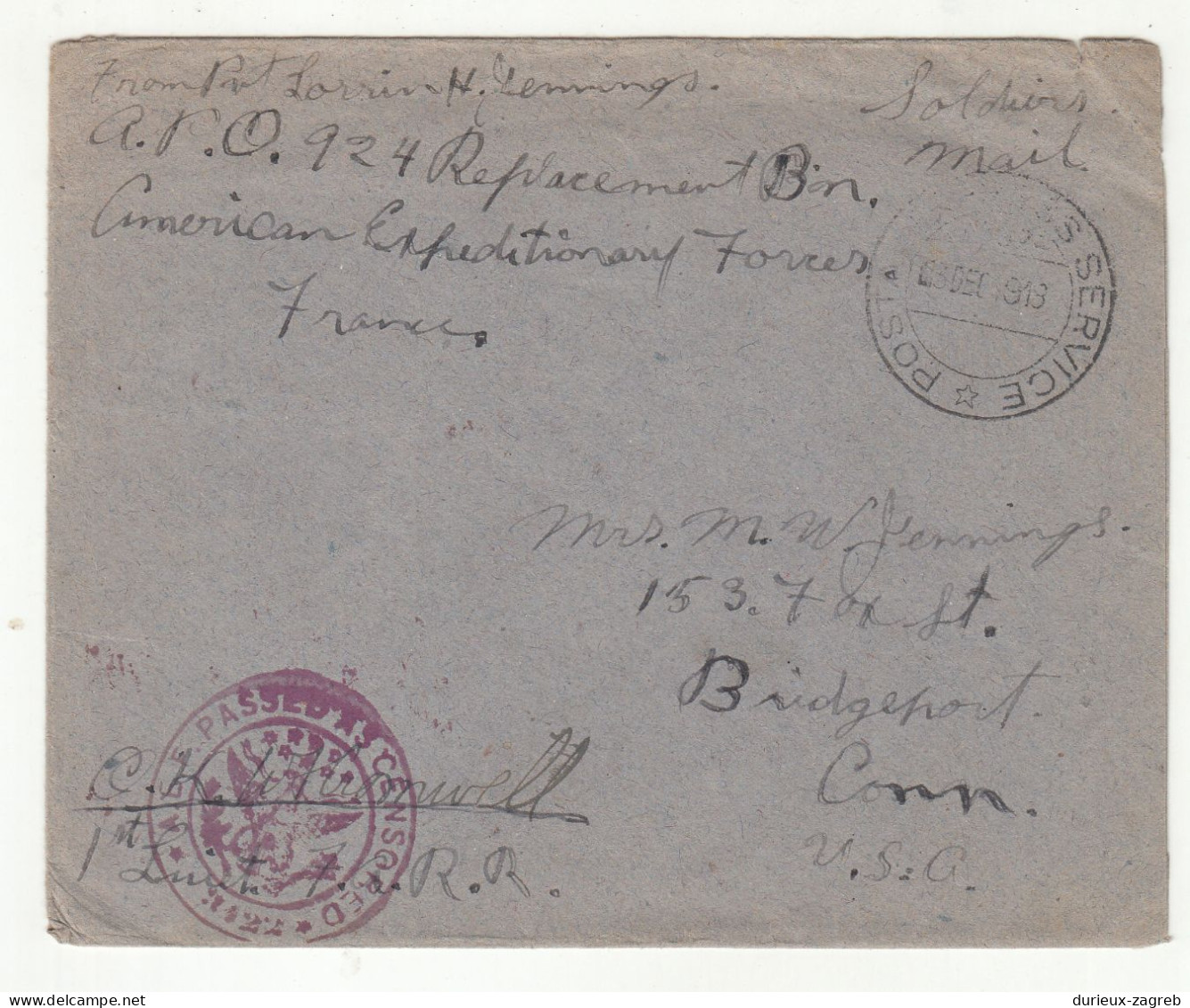 American Expeditionary Forces (A.E.F.) Passed As Censored On Letter Cover Posted 1918 France To Bridgeport, CT B230301 - Autres & Non Classés