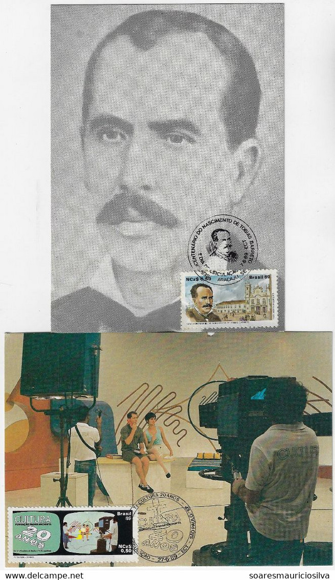 Brazil 1989 2 Maximum Card Stamp RHM-C-1634/1635 Tobias Barreto And Cultura TV Channel - Cartoline Maximum