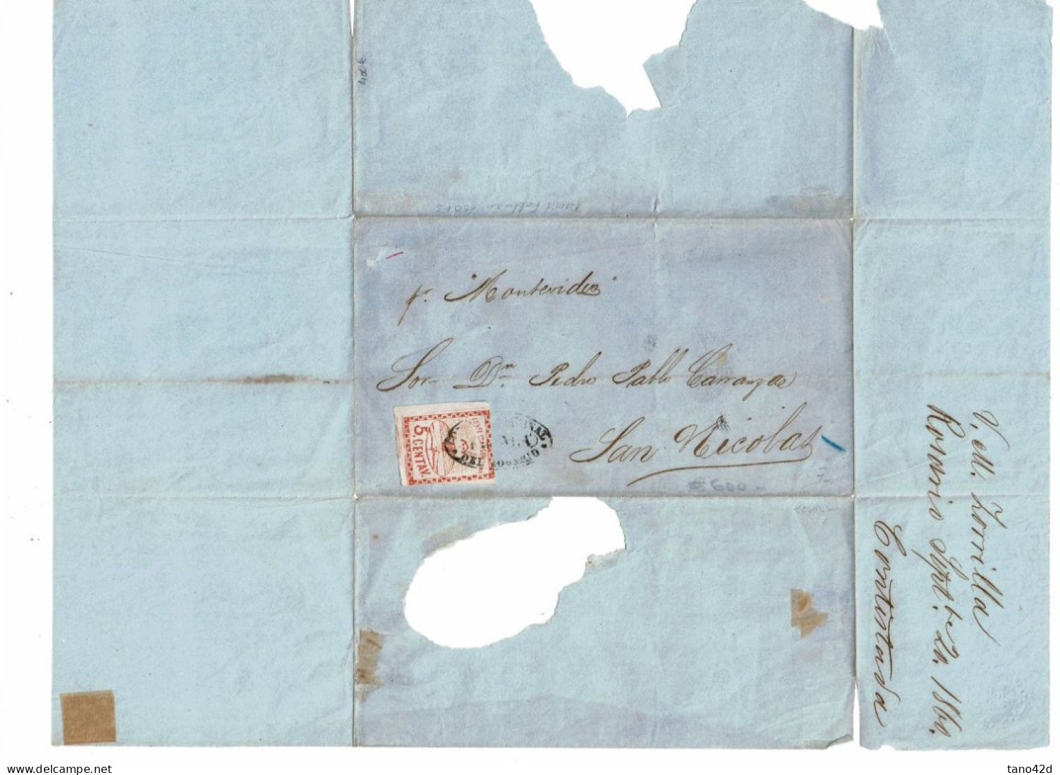 CTN83 - ARGENTINE CONFEDERATION 5c TYPE II GRAND CHIFFRE SUR LETTRE SANS CONTENU ROSARIO 20/9/1860 - Covers & Documents