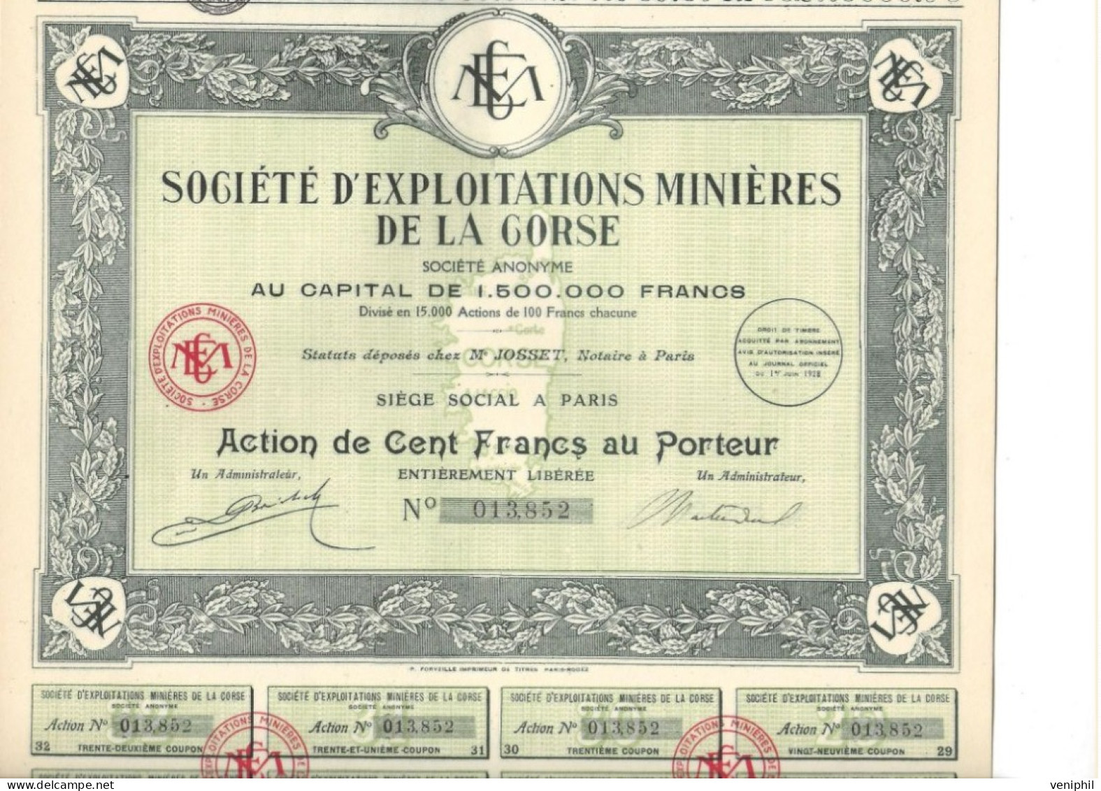 SOCIETE D'EXPLOITATIONS MINIERES DE LA CORSE LOT DE 4 .ACTION DE CENT FRS  - ANNEE 1928 - Mijnen