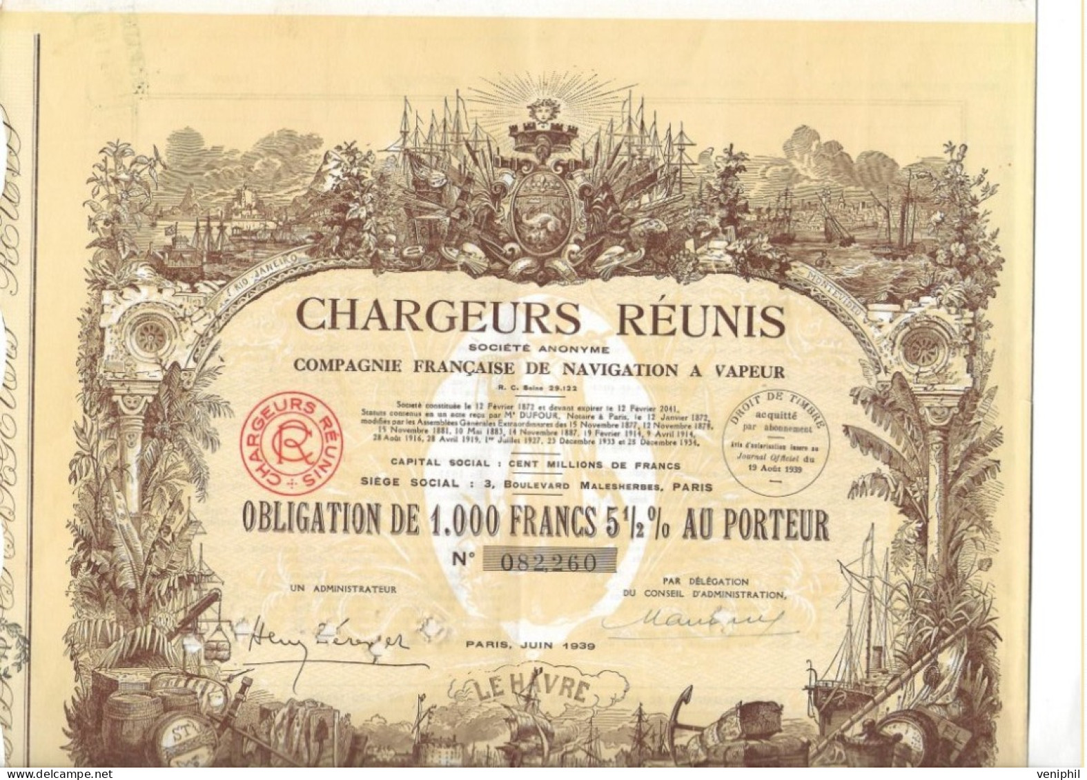 CHARGEURS REUNIS - COMPAGNIE FRANCAISE DE NAVIGATION A VAPEUR -OBLIGATION DE 1000 FRS- ANNEE 1939 - Navigation