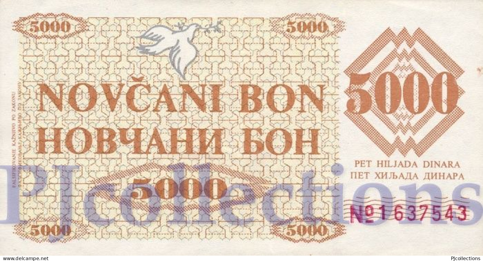 BOSNIA HERZEGOVINA 5000 DINARA 1992 PICK 9g XF "ZENICA" - Bosnia And Herzegovina