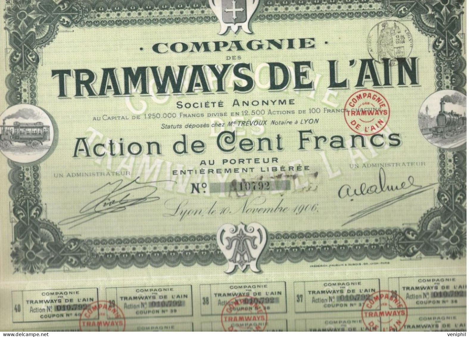 COMPAGNIE DES TRAMWAYS DE L'AIN - LOT DE 5 ACTIONS DE CENT FRANCS - ANNEE 1906 - Chemin De Fer & Tramway